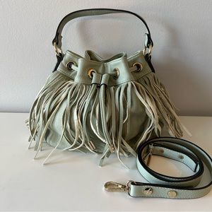 Expressions NYC fun fringe bag, mint green vegan leather w/ shoulder strap, ECU